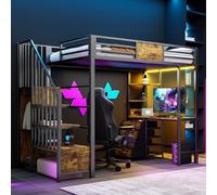 vutizal Lit mezzanine, avec bureau et espace de rangement, cadre de lit 90 x 200 cm, en métal, pour adultes, Loft Bed avec prise intégrée, éclairage LED, compartiments de rangement et tringle à