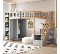 vutizal Lit mezzanine, en bois naturel, gris, 90 x 200 cm, avec armoire et échelle de sécurité, pour chambre d'adolescent, peu encombrant, sans matelas