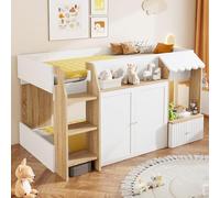 vutizal Lit mezzanine pour enfant - Cadre de lit simple 90 x 200 cm - En pin - Mélange de formes de maison - Échelle, espace de rangement - Pour chambre d'enfant garçon et fille