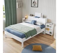 vutizal Lit pour adolescent, blanc, 140 x 200 cm, avec espace de rangement, lit double avec tables de chevet intégrées, rangement caché dans la tête de lit, sommier à lattes et montage facile