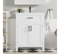 vutizal Meuble de lavabo blanc entièrement laqué, double porte, tiroir réversible, étagères réglables, vasque en céramique, armoire de salle de bain, 60 x 46 x 85 cm