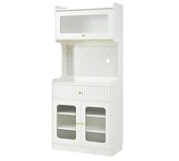 vutizal Meuble haut 80 x 40 x 180 cm avec éclairage LED et verre ondulé, armoire de cuisine blanche avec plaque perforée, étagères et tiroirs réglables, pour salle à manger, salon, cuisine, blanc