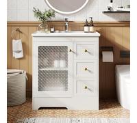 vutizal Meuble sous lavabo de 80 cm avec LED et application, poignées dorées, verre gaufré, lavabo en céramique, armoire de salle de bain avec repose-pieds caché, blanc, 80 x 50 x 87 cm