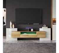 vutizal Meuble TV bas - 200 cm - Aspect bois et blanc - Meuble TV moderne avec éclairage LED et grand espace de rangement - Meuble de salon avec façade en verre brillant