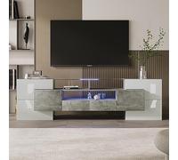 vutizal Meuble TV moderne de 200 cm en noir et blanc brillant avec lumière LED, passe-câbles électrique et grande surface de rangement