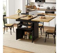 vutizal Table à manger extensible et pliable avec tiroirs et armoire - Table de cuisine peu encombrante pour 4 à 6 personnes - Îlot de cuisine - Buffet multifonction - Noir - 110-140 x 80 cm