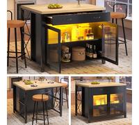 vutizal Table de bar avec tabourets de bar pour 4 personnes - îlot de cuisine avec barre lumineuse LED, table haute noire avec espace de rangement, table de comptoir avec vitrine en verre, convient