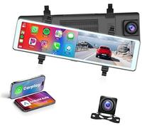 Vuzmode Caméra de tableau bord sans fil Carplay, for Android Auto 11.26, écran tactile, caméra recul, for avant et double, boucle commande vocale Commutateur de réglage du rétroviseur de voiture