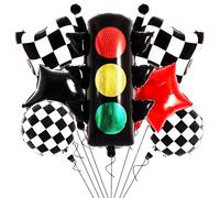 Vuzvuv Lot de 7 ballons en forme de voiture de course, feux de circulation, drapeau à carreaux, ballons à carreaux pour décoration sur le thème de la voiture, fournitures de fête d'anniversaire