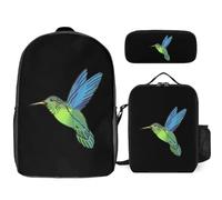 VVCPVDXCI Sac à dos léger imprimé colibri floral 3 pièces pour adolescents, garçons et filles, pour élèves du primaire, Noir , M