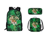 VVCPVDXCI Sac à dos motif tigre de la jungle avec sac à déjeuner, trousse à crayons, pour enfants, adolescents, garçons et filles, 3 sacs d'école, sac à livres imprimé animal sauvage, Noir , M