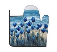 VVXBHGR Blue Tulips by the Sea Prints Ensemble de 2 gants de cuisine résistants à la chaleur et coussinets isolants