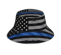 VVXBHGR Chapeau bob réfléchissant double face avec motif drapeau américain fin bleu imprimé pliable pour la plage, le camping