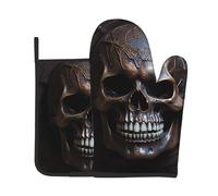 VVXBHGR Ensemble de 2 gants de cuisine résistants à la chaleur et coussinets isolants avec motifs de crânes cuivrés