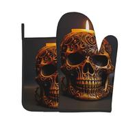 VVXBHGR Ensemble de 2 gants de cuisine résistants à la chaleur et coussinets isolants en fer et cuivre avec motifs crânes