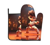 VVXBHGR Ensemble de deux pièces de gants résistants à la chaleur et de coussinets isolants pour la cuisine - Imprimé karaté de dessin animé