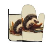 VVXBHGR Hérisson lisant un livre imprimé ensemble de deux pièces de gants de cuisine résistants à la chaleur et coussinets isolants haut de gamme