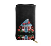 VVXBHGR Portefeuille long en cuir - Une petite maison recouverte d'imprimés de roses - Fermeture éclair confortable et légère pour ranger des pièces de monnaie et des cartes de crédit.