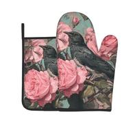 VVXBHGR The Raven in the Rose Imprimés Ensemble de 2 gants de cuisine haut de gamme résistants à la chaleur et coussinets isolants