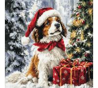 VwrxnchCoatx Canevas Broderie Point De Croix Kit Complet Adulte Debutant Noel, Compté Imprimé Enfant Débutant Noël, Avec Fils Au Modele Multicolore 40X50Cm (Chien De Noël)