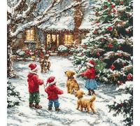 VwrxnchCoatx Canevas Broderie Point De Croix Kit Complet Adulte Debutant Noel, Compté Imprimé Enfant Débutant Noël, Avec Fils Au Modele Multicolore 40X50Cm (Enfants Jouant Avec Des Chiens À Noël)
