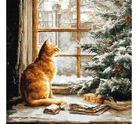 VwrxnchCoatx Canevas Broderie Point De Croix Kit Complet Adulte Debutant Noel, Compté Imprimé Enfant Débutant Noël, Avec Fils Au Modele Multicolore 40X50Cm (Chat De Noël)