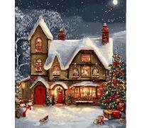 VwrxnchCoatx Canevas Broderie Point De Croix Kit Complet Adulte Debutant Noel, Compté Imprimé Enfant Débutant Noël, Avec Fils Au Modele Multicolore 40X50Cm (Scène De Neige Avec Lumières De Noël)