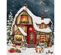 VwrxnchCoatx Canevas Broderie Point De Croix Kit Complet Adulte Debutant Noel, Compté Imprimé Enfant Débutant Noël, Avec Fils Au Modele Multicolore 40X50Cm (Scène De Neige Avec Lumières De Noël)