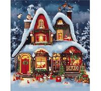 VwrxnchCoatx Canevas Broderie Point De Croix Kit Complet Adulte Debutant Noel, Compté Imprimé Enfant Débutant Noël, Avec Fils Au Modele Multicolore 40X50Cm (Scène De Neige Avec Lumières De Noël)