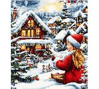 VwrxnchCoatx Canevas Broderie Point De Croix Kit Complet Adulte Debutant Noel, Compté Imprimé Enfant Débutant Noël, Avec Fils Au Modele Multicolore 40X50Cm (Scène De Neige De Noël)
