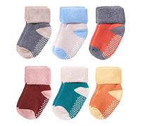 VWU Lot de 6 Paires Unisexe Bebes Infant Chaud et épais Antiderapants Chaussons Chaussettes de Manchette Nouveau-Nés Bébé Chaussettes en Coton 0-1/1-3 Ans (4-6 Ans, Gris Vert Bleu Rouge Orange)