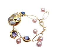 VWWJCCRO 10-11mm Cultured White Keshi Pearl 16mm Purple Murano Glass Beaded Pearl Bracelet