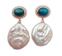 VWWJCCRO 19mm Freshwater Cultured White Keshi Pearl Coin Shape Blue Apatite Pave Dangle Earrings