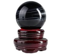 VWWJCCRO Black Agate Crystal Ball Ornaments with Wooden Stand, Feng Shui Gemstone Sphere Orb, for Room & Office Decor,6~6.5cm