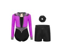 Vxuxlje 3 Pièces Ensemble Gymnastique Enfant Fille Tenues Gymnastique Body avec Shorts et Elastique Chouchou Justaucorps Ballet Danse Costume Spectacle 6-16 Ans Violet Noir 15-16 ans
