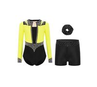 Vxuxlje 3 Pièces Ensemble Gymnastique Enfant Fille Tenues Gymnastique Body avec Shorts et Elastique Chouchou Justaucorps Ballet Danse Costume Spectacle 6-16 Ans Jaune Fluorescent Noir 13-14 ans