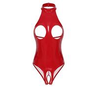 Vxuxlje Body Femme Sexy Body Sein Entrejambe Ouverte Cuir Verni Erotique Bodysuit Combinaison Pole Dance Vêtement de Nuit Clubwear Rouge 3XL