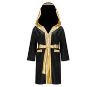 Vxuxlje Costume Boxeur Enfant Garçon Déguisement Halloween Carnaval Peignoir Boxe à Capuche Satin Robe Fête Soirée Survêtement 6-16 Ans Noir 13-14 ans