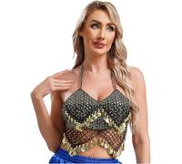 Vxuxlje Débardeur Danse Orientale Femme Haut Danse du Ventre à Paillettes Gland Crop Top Soutien-Gorge Danse Latine Tango Samba Salsa Dancewear Or Noir Taille Unique