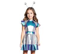 Vxuxlje Déguisement Astronaute Enfant Fille Robe Astronaute Espace Costume Carnaval Halloween Uniforme Spatial Robe de Fête Soirée Mascarade Bleu 5-6 ans
