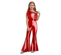 Vxuxlje Déguisement Disco Enfant Fille Combinaison de Danse 70s Costume Hippie Années 80s Justaucorps Gymnastique Danse Brillant Salopette Bodysuit 5-16 Ans Rouge 9-10 ans