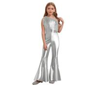 Vxuxlje Déguisement Disco Enfant Fille Combinaison de Danse 70s Costume Hippie Années 80s Justaucorps Gymnastique Danse Brillant Salopette Bodysuit 5-16 Ans Argent 13-14 ans
