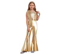 Vxuxlje Déguisement Disco Enfant Fille Combinaison de Danse 70s Costume Hippie Années 80s Justaucorps Gymnastique Danse Brillant Salopette Bodysuit 5-16 Ans Or clair 5-6 ans