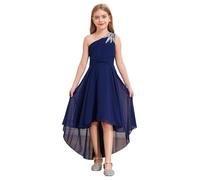 Vxuxlje Enfant Fille Robe Soirée Princesse Une Epaule à Strass Plissé Robe Demoiselle d'honneur Mariage Cérémonie Robe de Fête Bal Carnaval 6-16 Ans Bleu Marine 11-12 Ans
