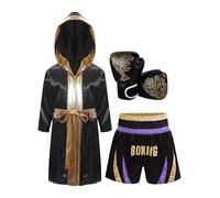 Vxuxlje Ensemble de Boxe Muay Thai Enfant Garçon Peignoir à Capuche + Short + Gants de Boxe Tenue D Entraînement De Boxeur Complet Grappling Arts Martiaux Violet clair et or 15-16 ans