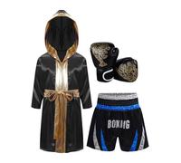 Vxuxlje Ensemble de Boxe Muay Thai Enfant Garçon Peignoir à Capuche + Short + Gants de Boxe Tenue D Entraînement De Boxeur Complet Grappling Arts Martiaux Bleu et argent 15-16 ans