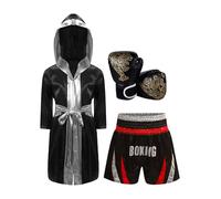 Vxuxlje Ensemble de Boxe Muay Thai Enfant Garçon Peignoir à Capuche + Short + Gants de Boxe Tenue D Entraînement De Boxeur Complet Grappling Arts Martiaux Rouge et argent 15-16 ans