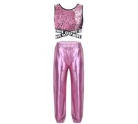 Vxuxlje Ensemble de Danse Enfant Fille Combinaison de Sport Jazz Hip-hop Danse du Rue Top de Danse Haut Gilet à Paillettes Brillant Pantalon Danse Dancewear Tenues Rose 11-12 Ans