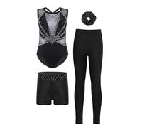Vxuxlje Ensemble De Sport 4Pcs Enfant Fille Justaucorps Strass Legging Short Chouchou Ensemble Gym Tenue Patinage Danse Costume Spectacle 5-16 Ans Noir Argent 11-12 ans