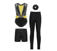 Vxuxlje Ensemble De Sport 4Pcs Enfant Fille Justaucorps Strass Legging Short Chouchou Ensemble Gym Tenue Patinage Danse Costume Spectacle 5-16 Ans Jaune 13-14 ans